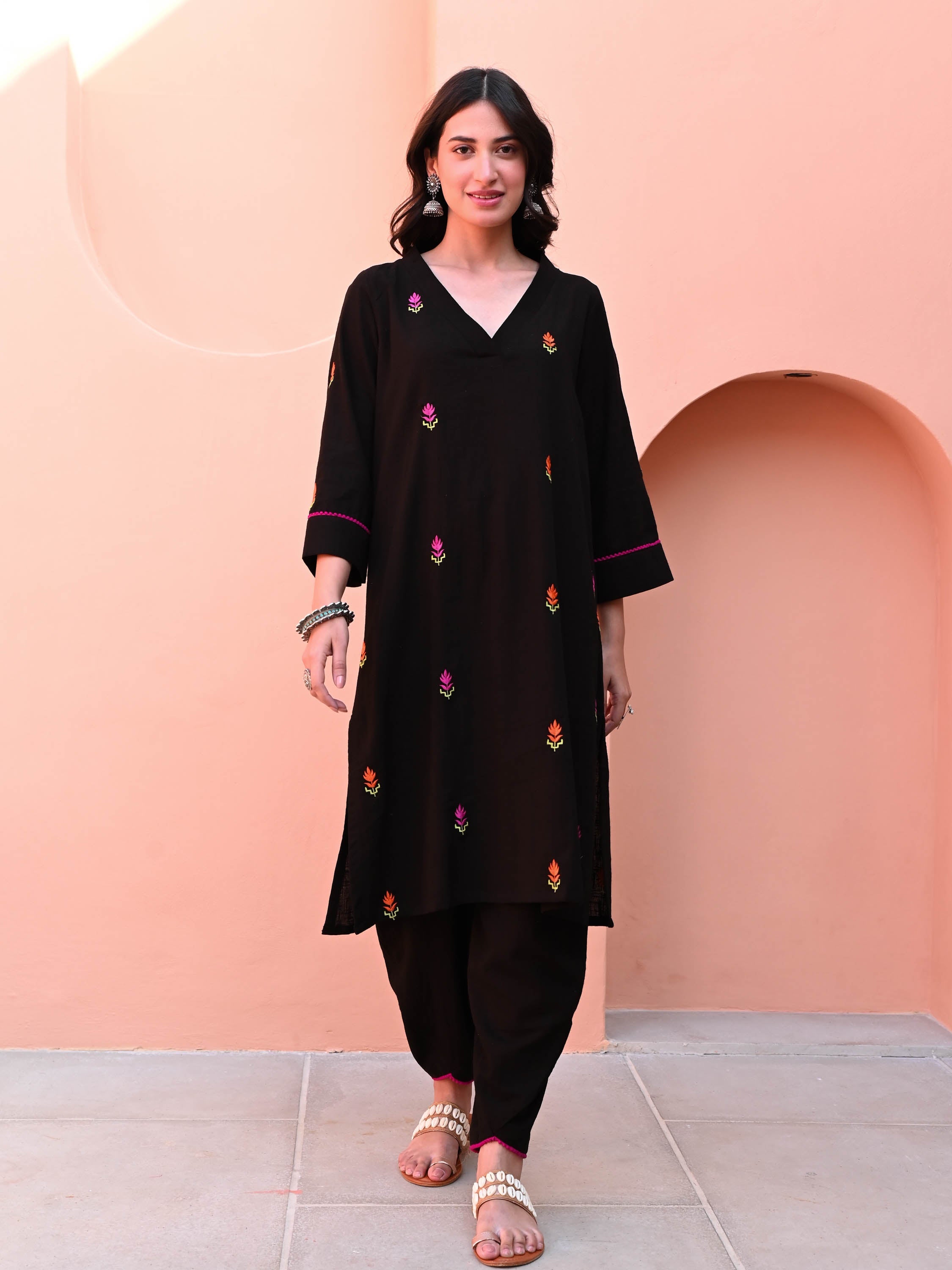 Black Embroidered Cotton Co-ord Set