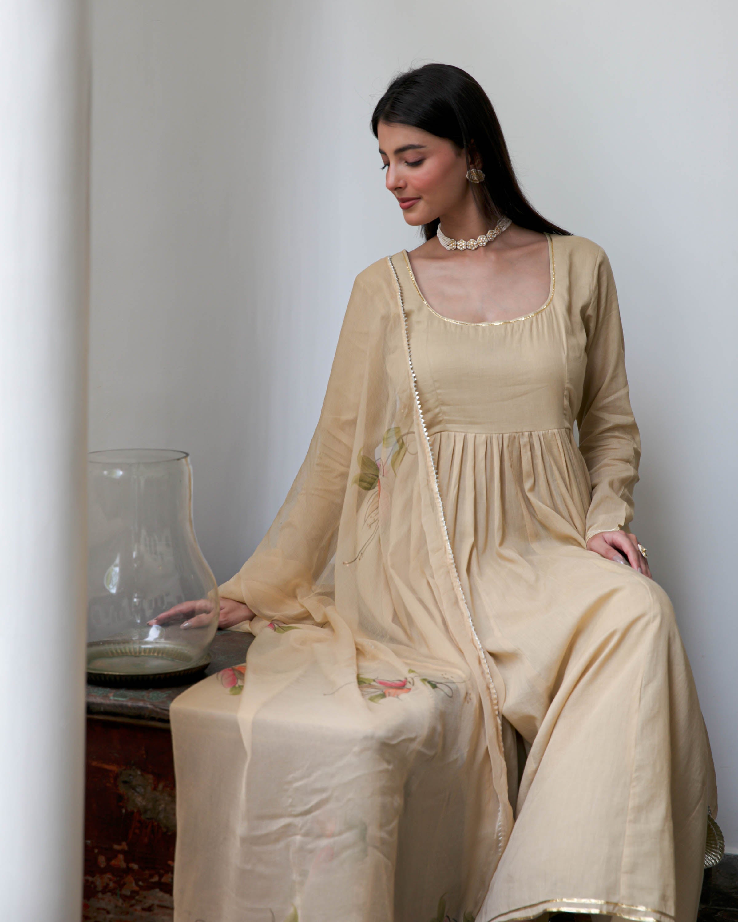 Beige Suit Set with Handpainted Dupatta