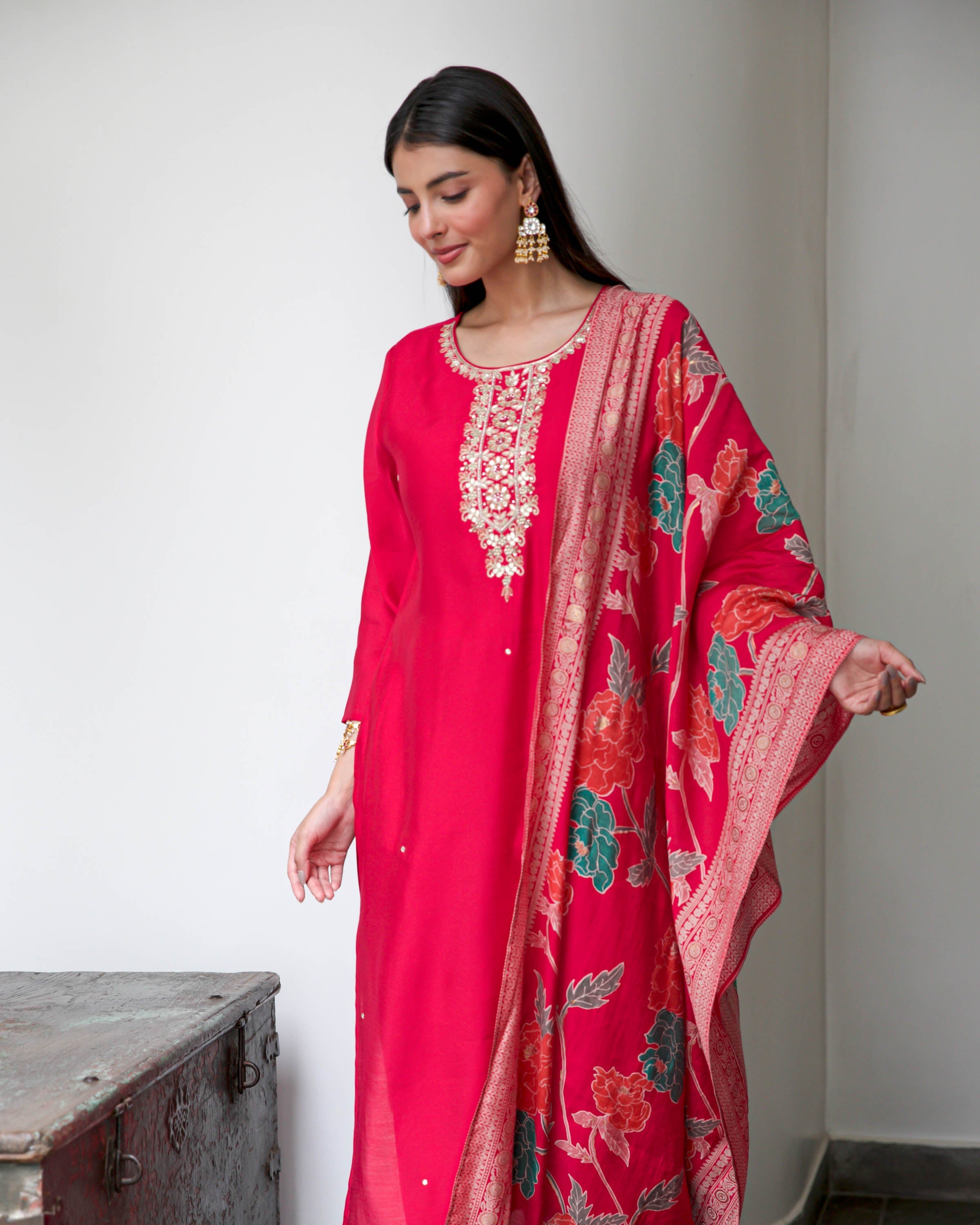 Hot Pink Embroidered Suit Set