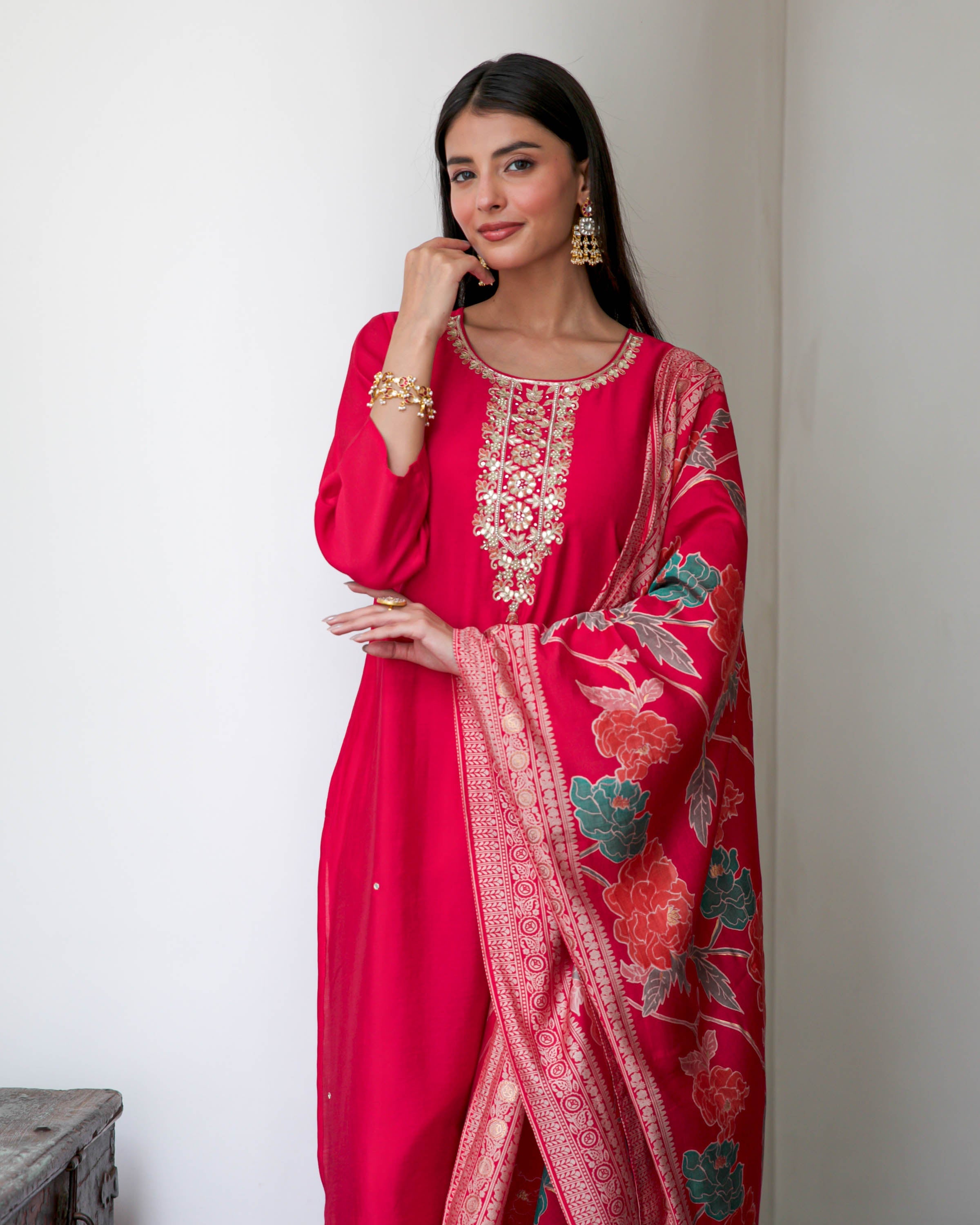Hot Pink Embroidered Suit Set