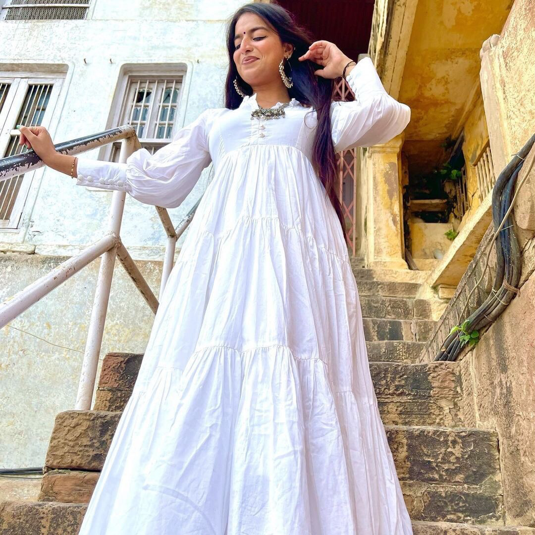 Bunaai Pure White Cotton Maxi Dress