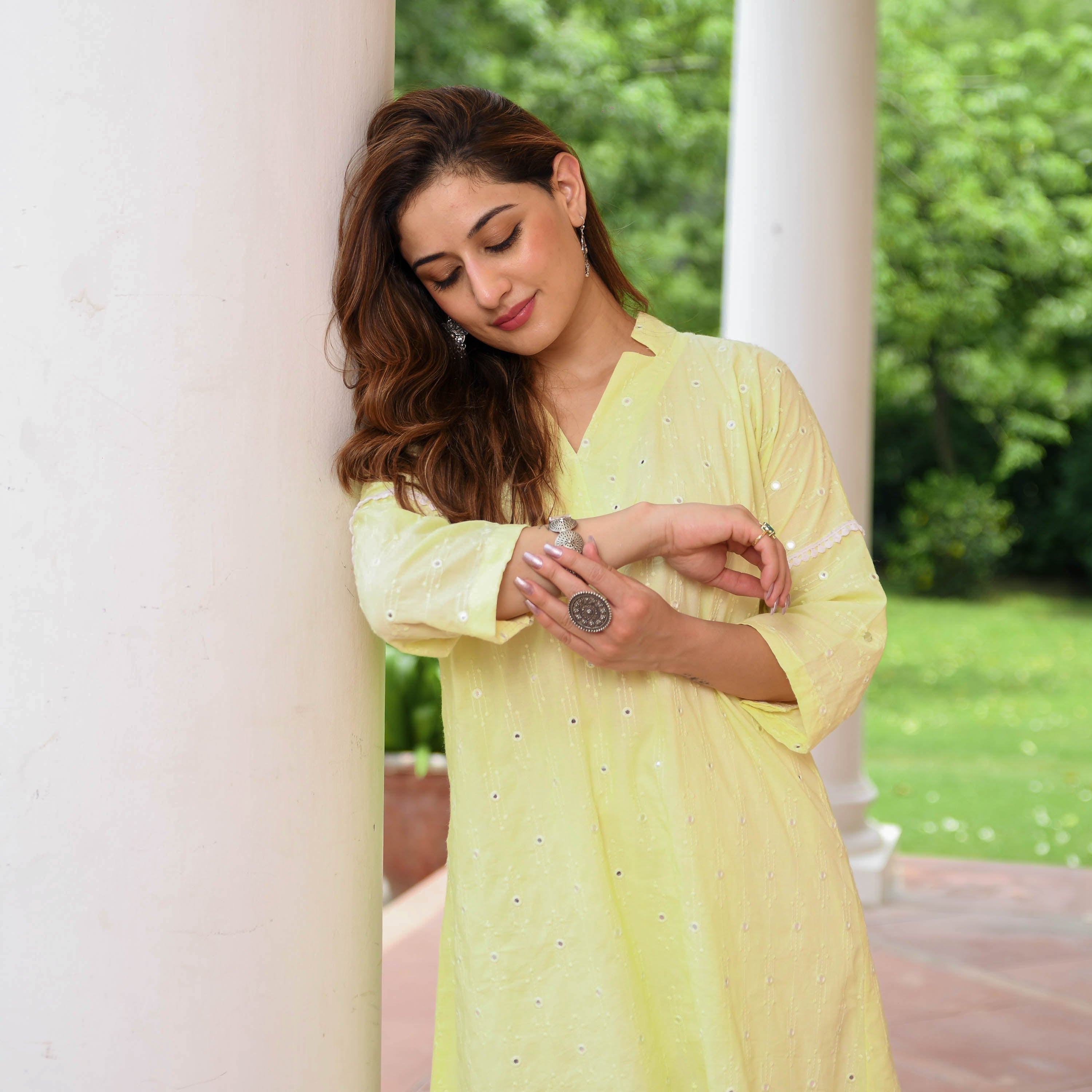 Yellow Embroidered Cotton Kurta Pants