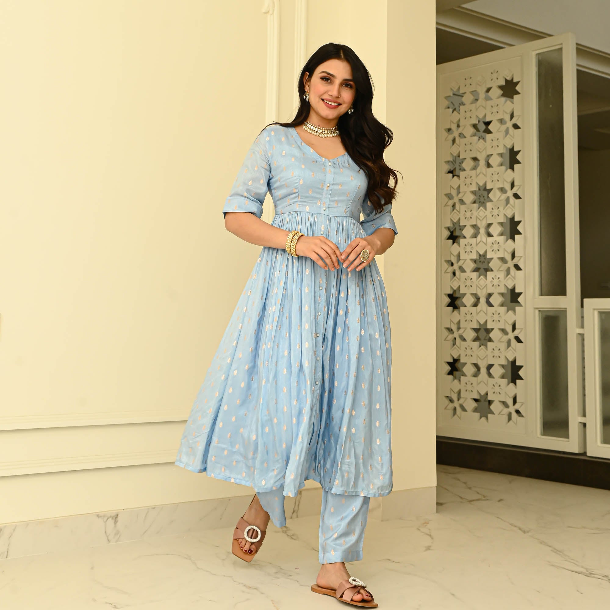 Bunaai Powder Blue Silk Coord Set