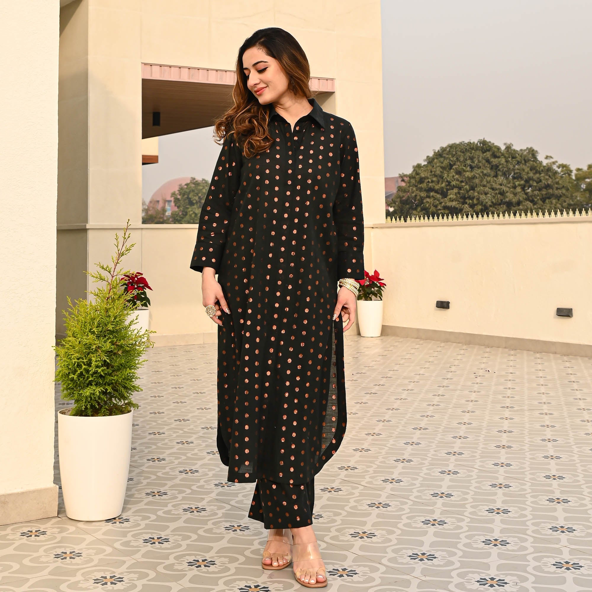 Bunaai Black Cotton Lurex Kurta Set