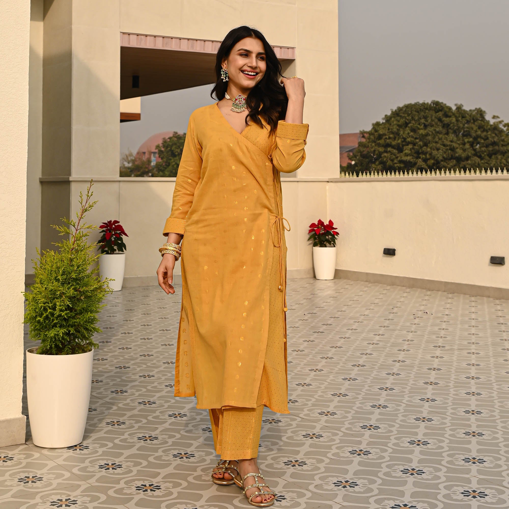 Bunaai Rust Yellow Cotton Lurex Coord Set