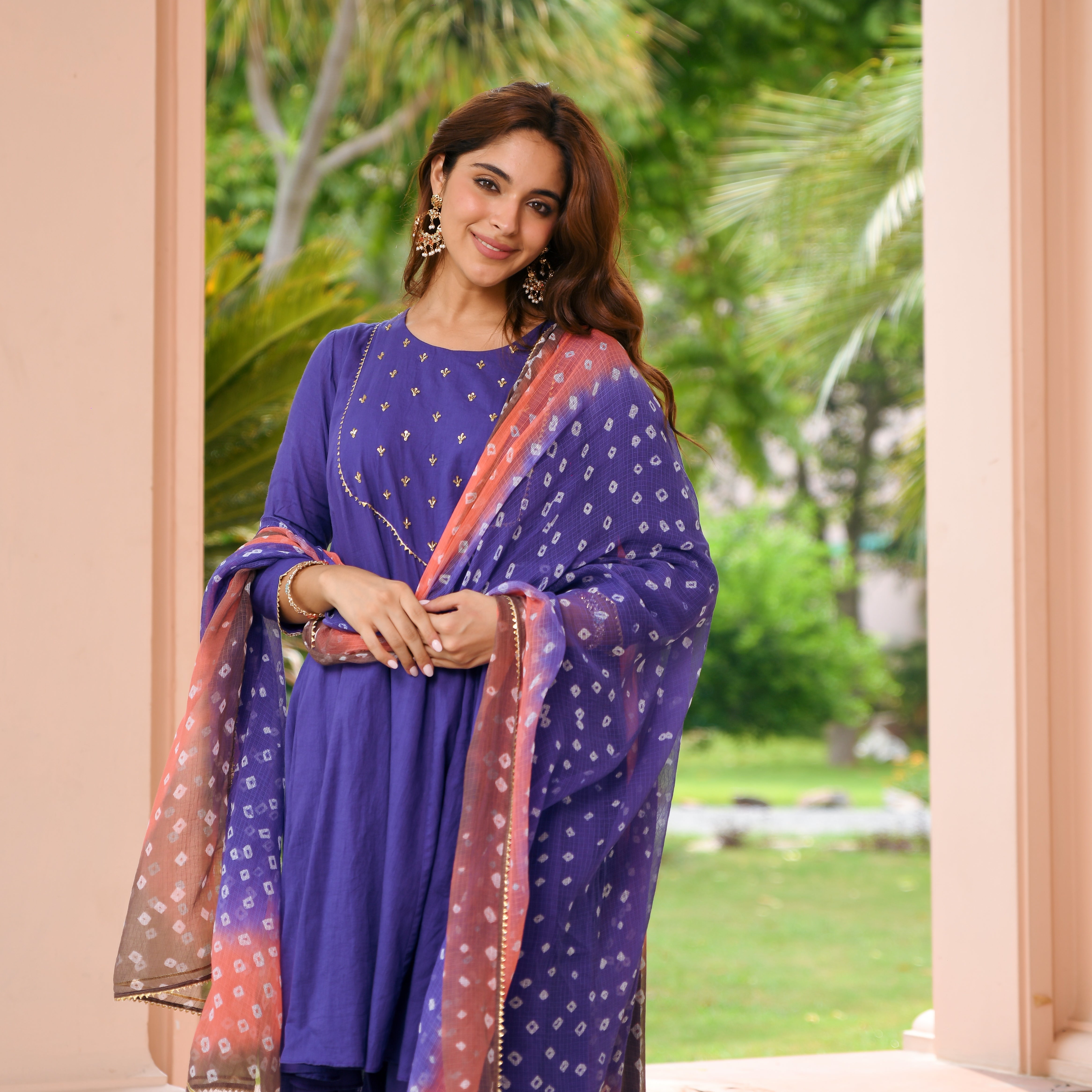Purple Bandhej Cotton Suit Set
