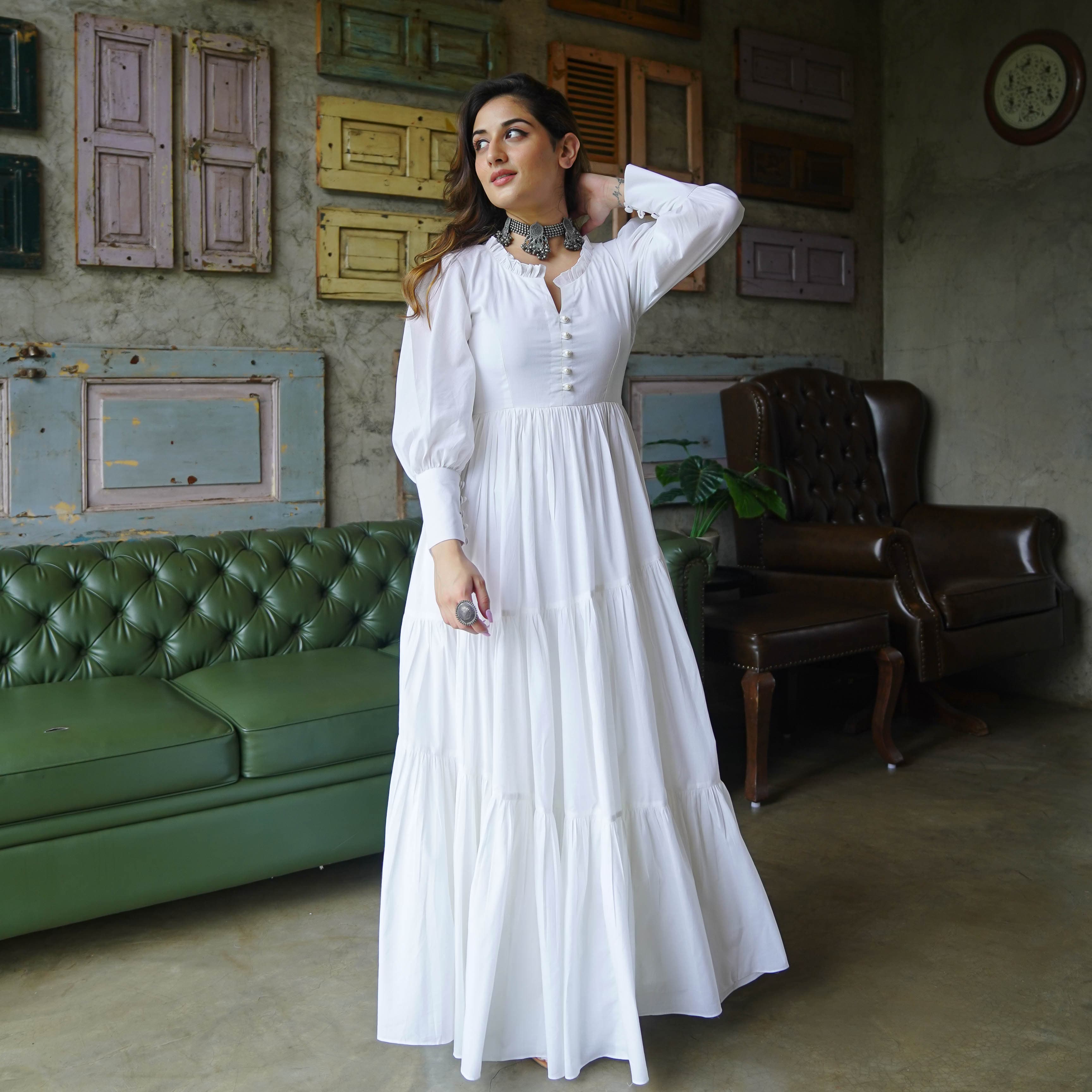 Bunaai Pure White Cotton Maxi Dress