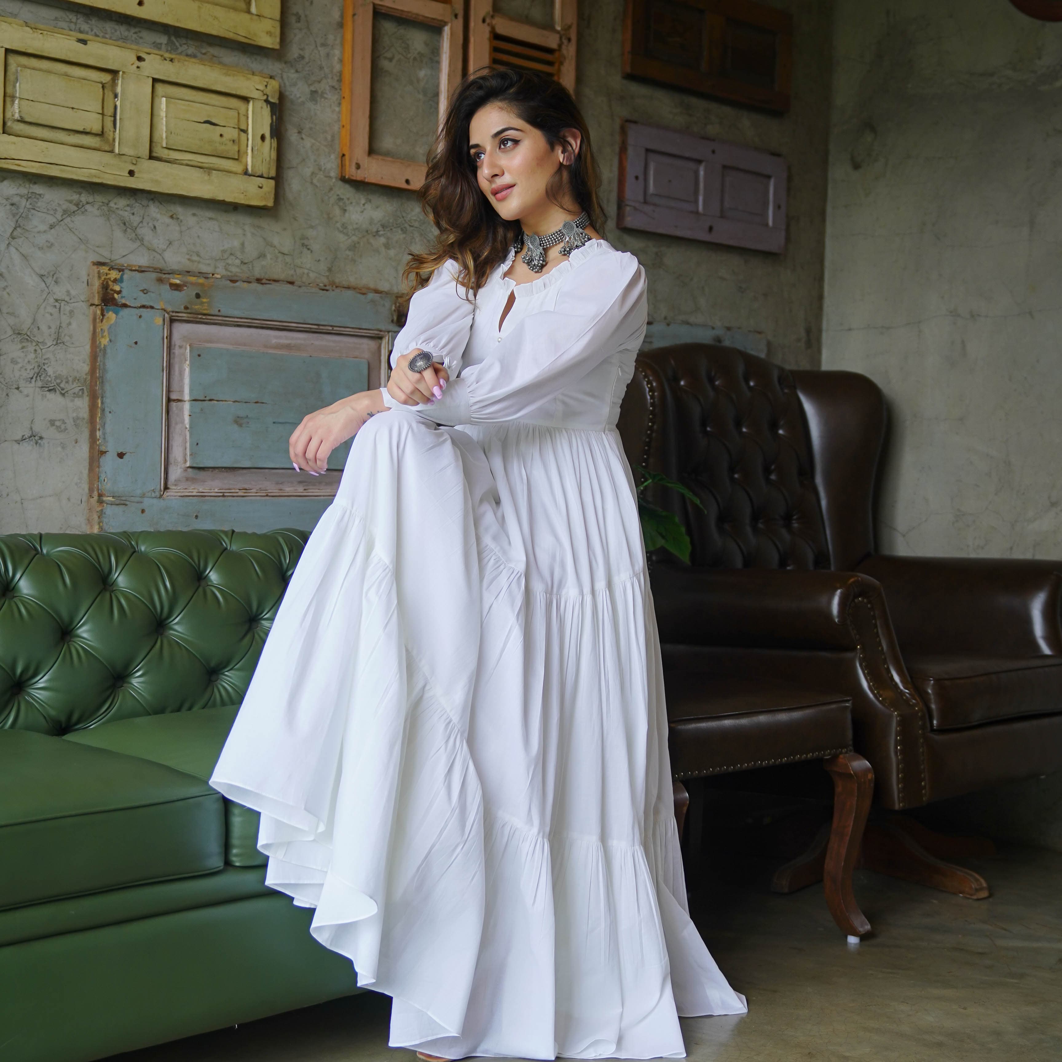 Bunaai Pure White Cotton Maxi Dress