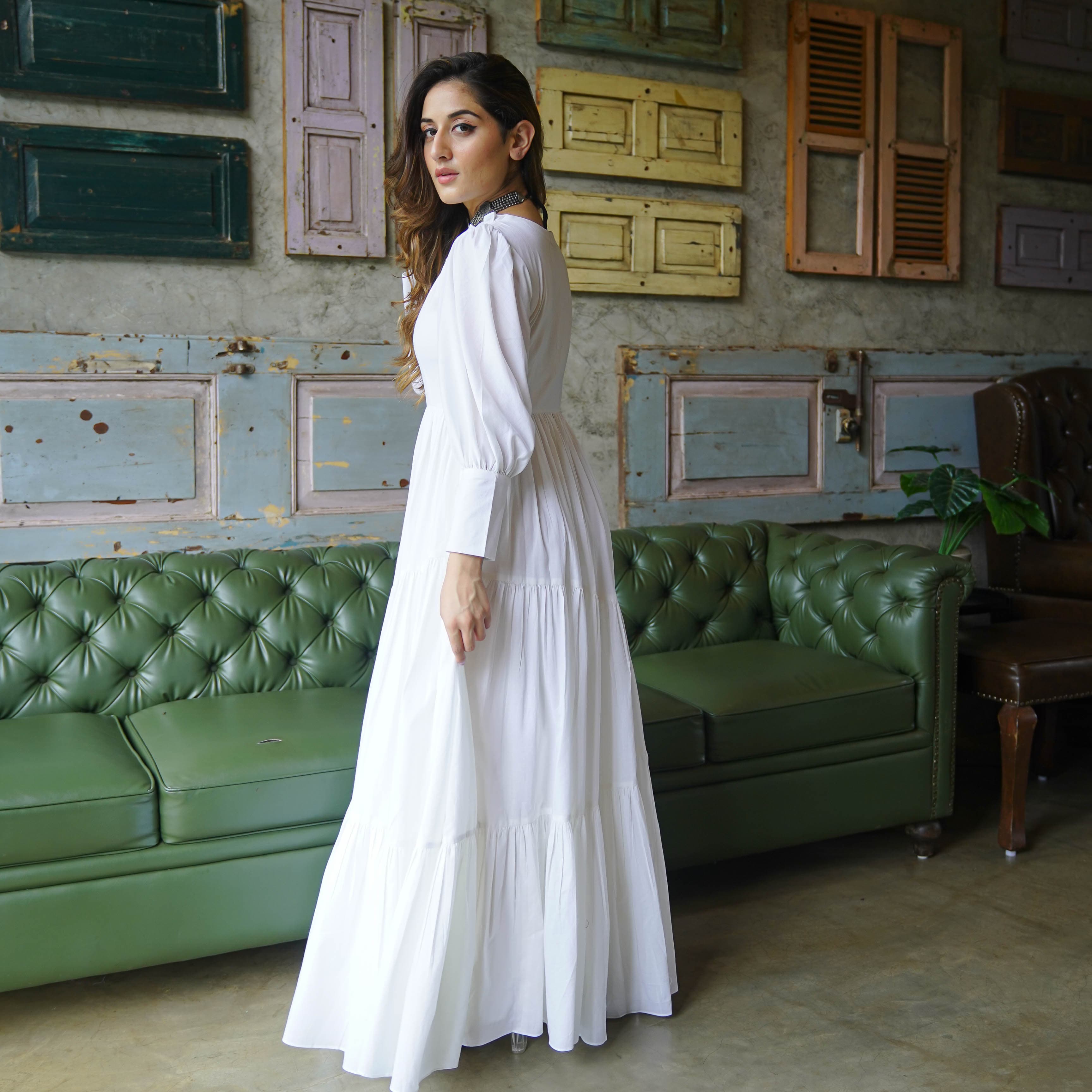 Bunaai Pure White Cotton Maxi Dress