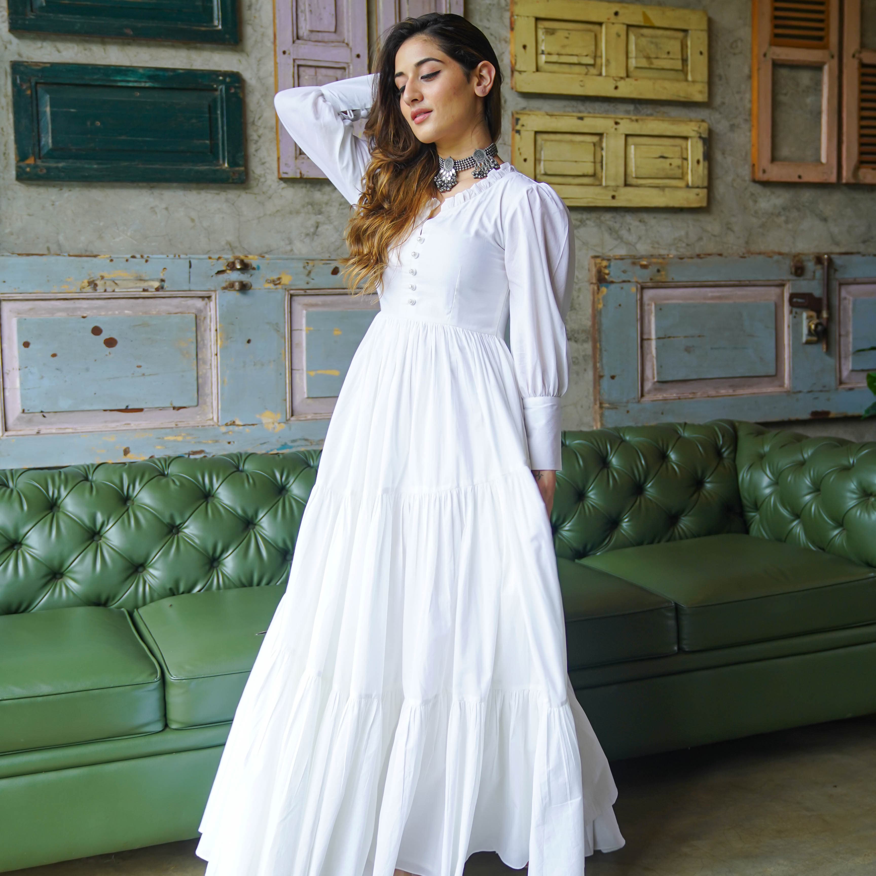 Bunaai Pure White Cotton Maxi Dress