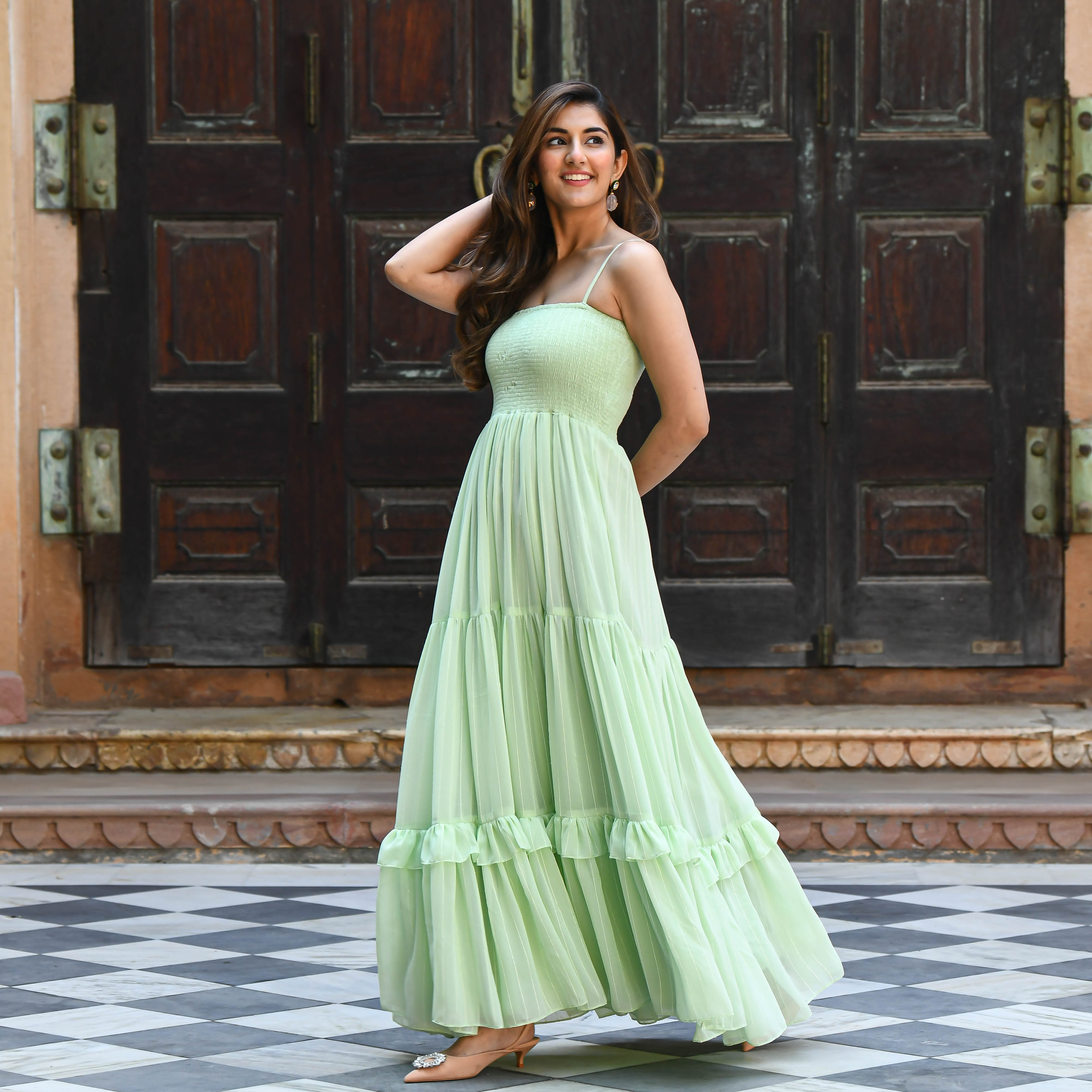 Bunaai Mint Green Sequin Maxi Dress