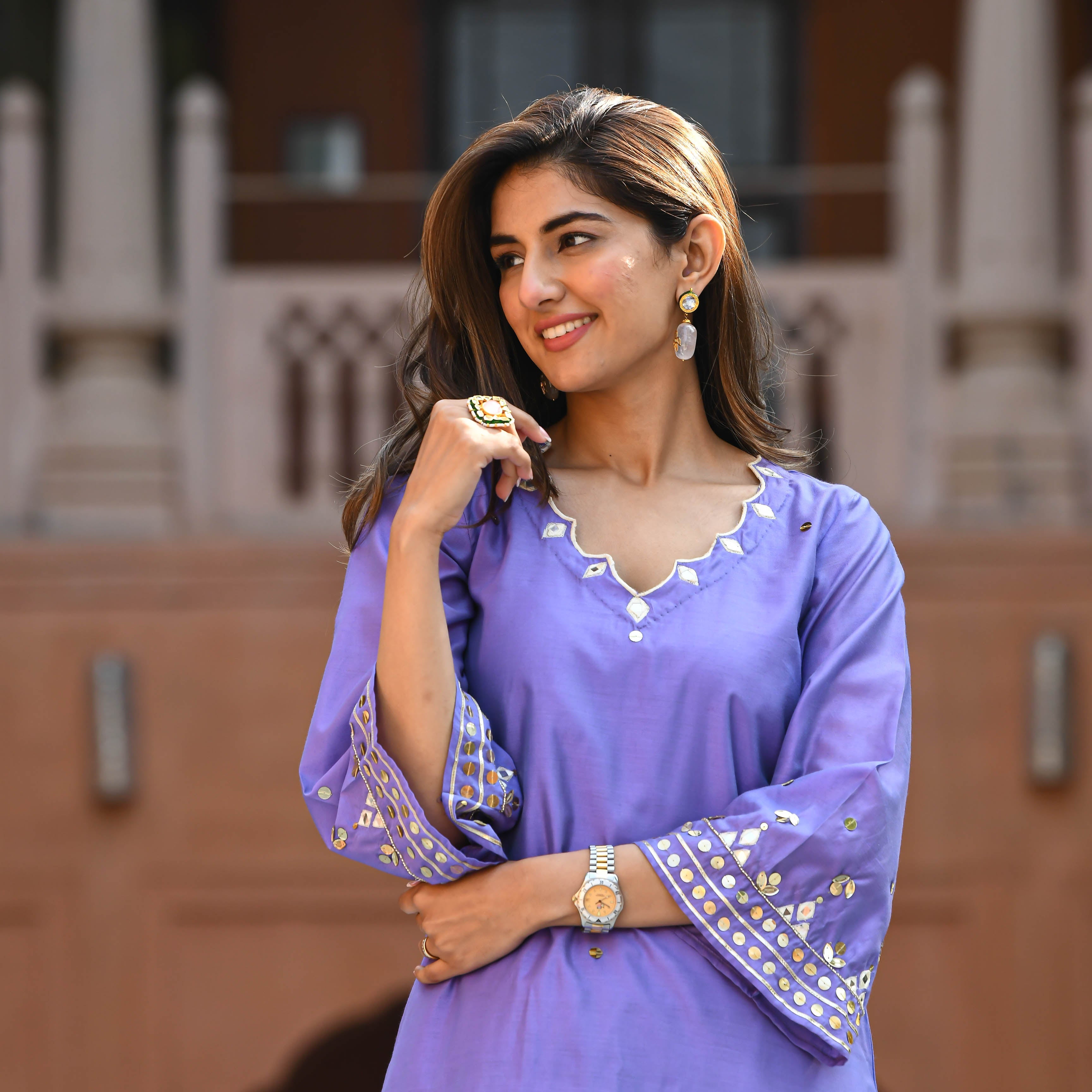 Bunaai Purple Embroidered Kurta & Pants