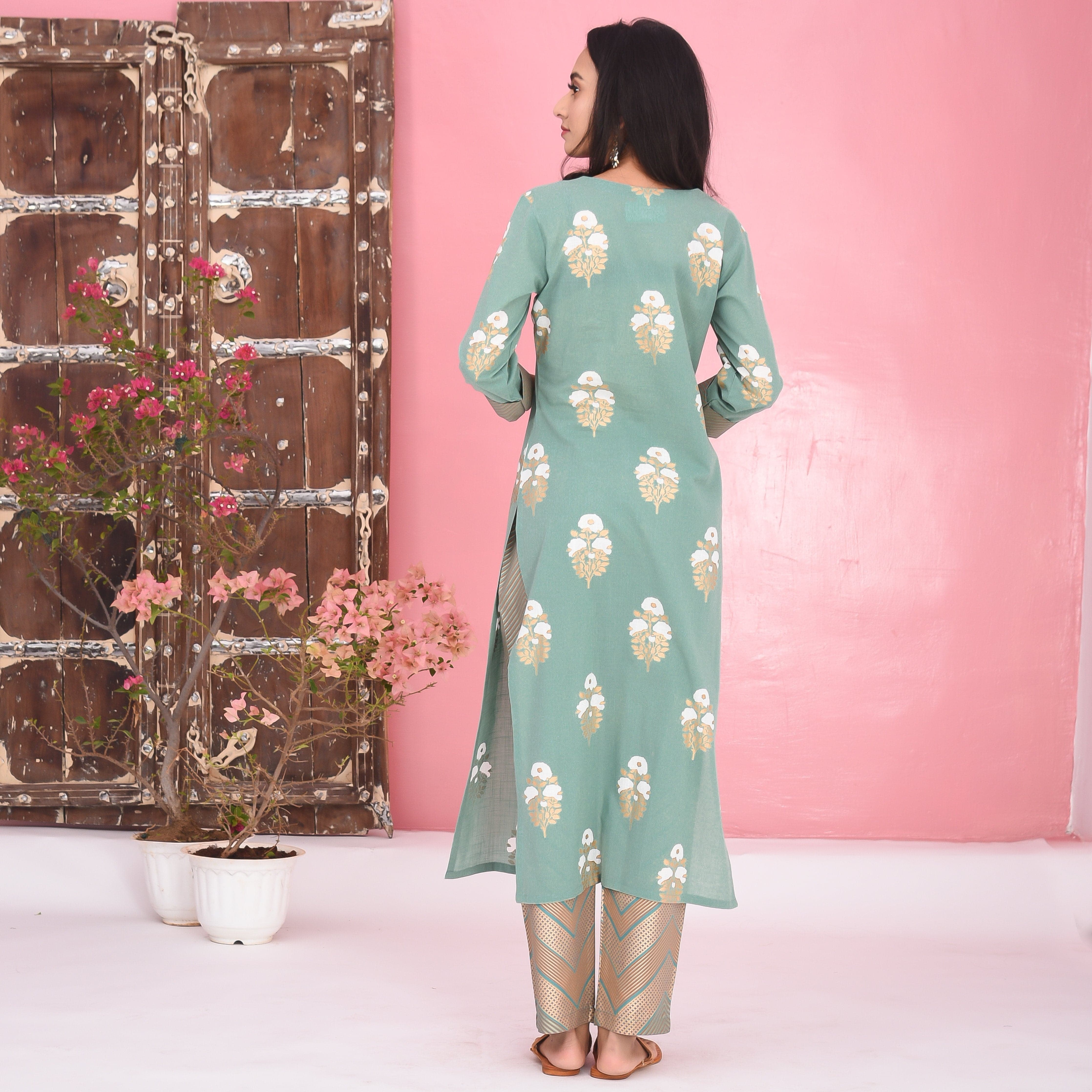 Bunaai Stripes Floral Cotton Kurta Set