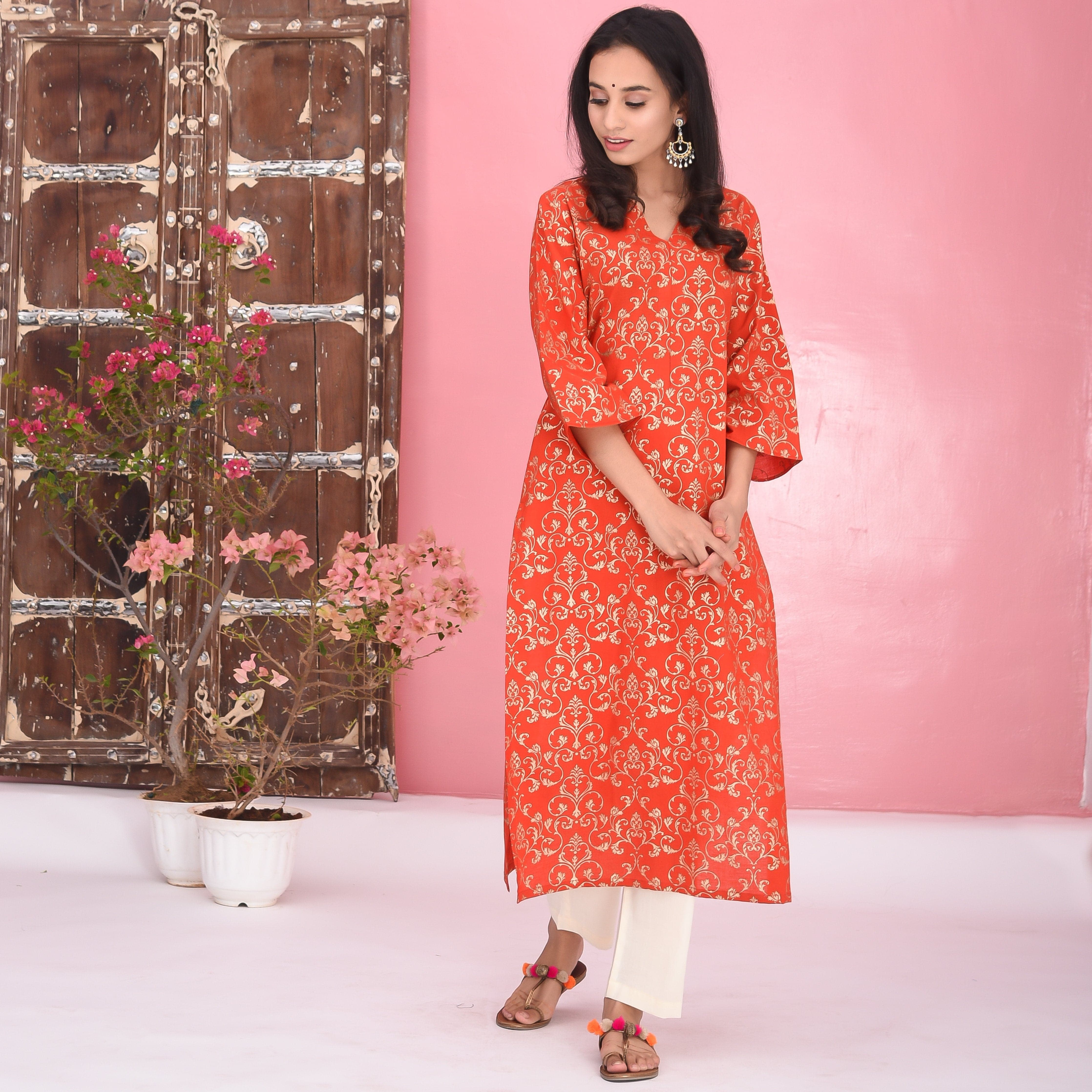 Red Cream Cotton Kurta