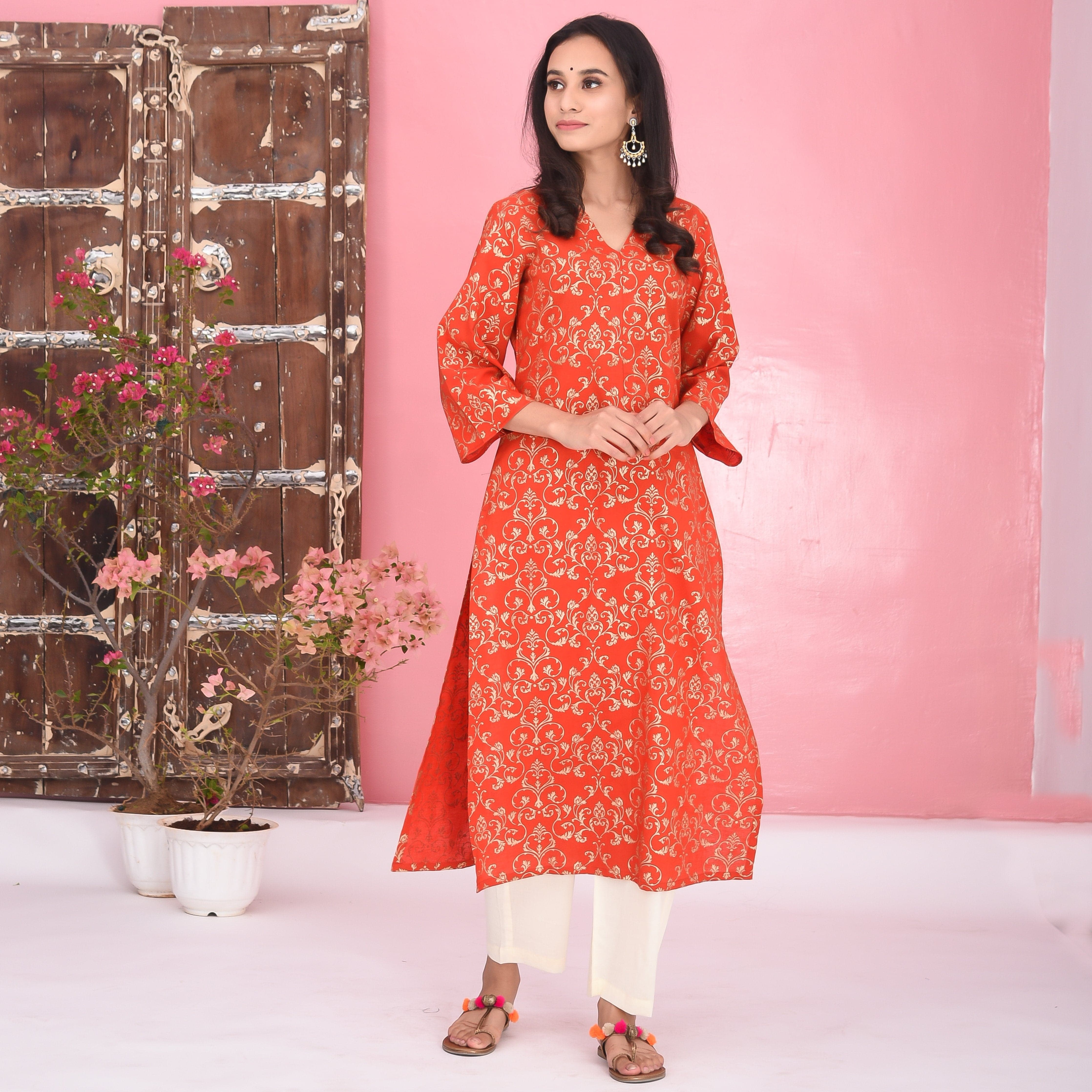Red Cream Cotton Kurta