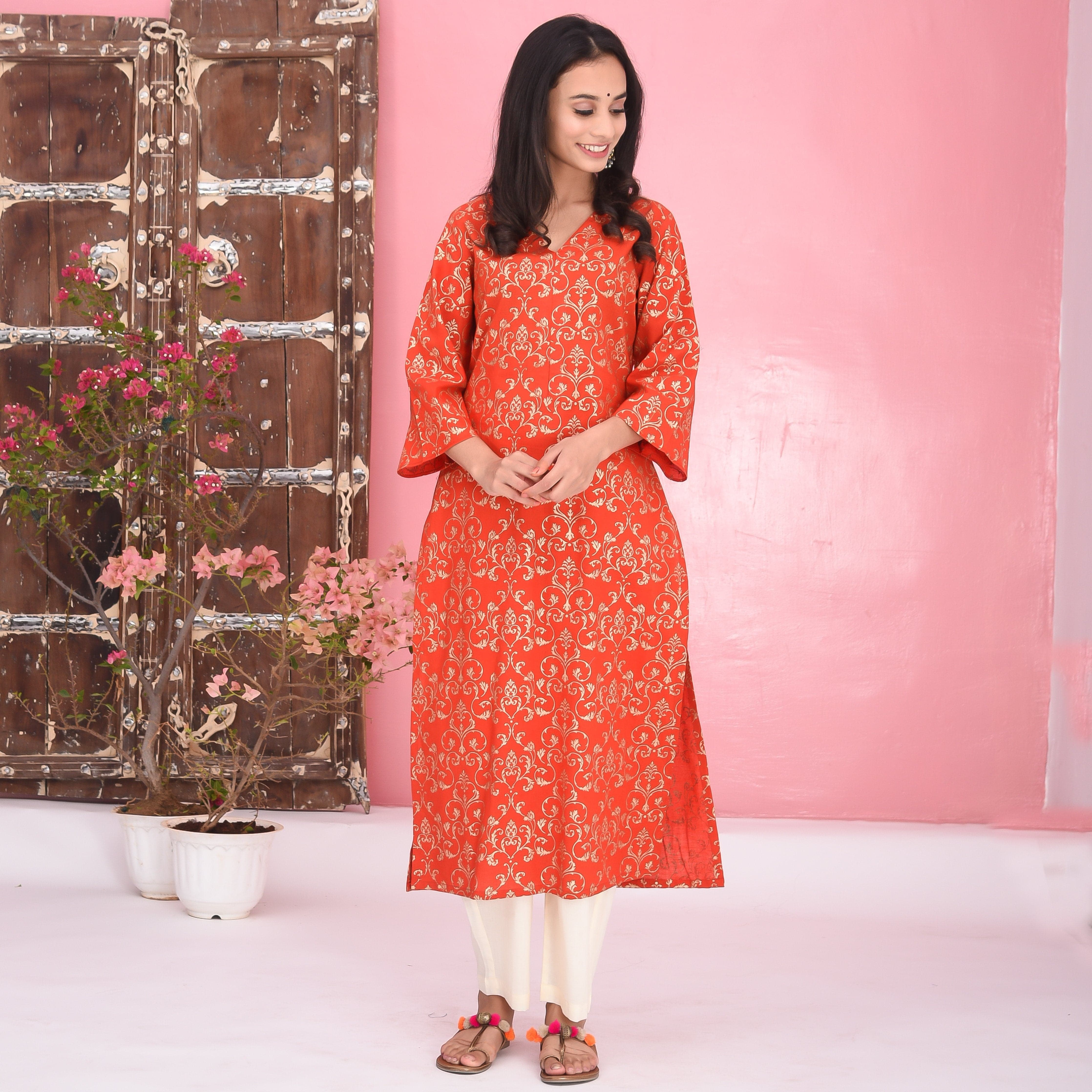 Red Cream Cotton Kurta