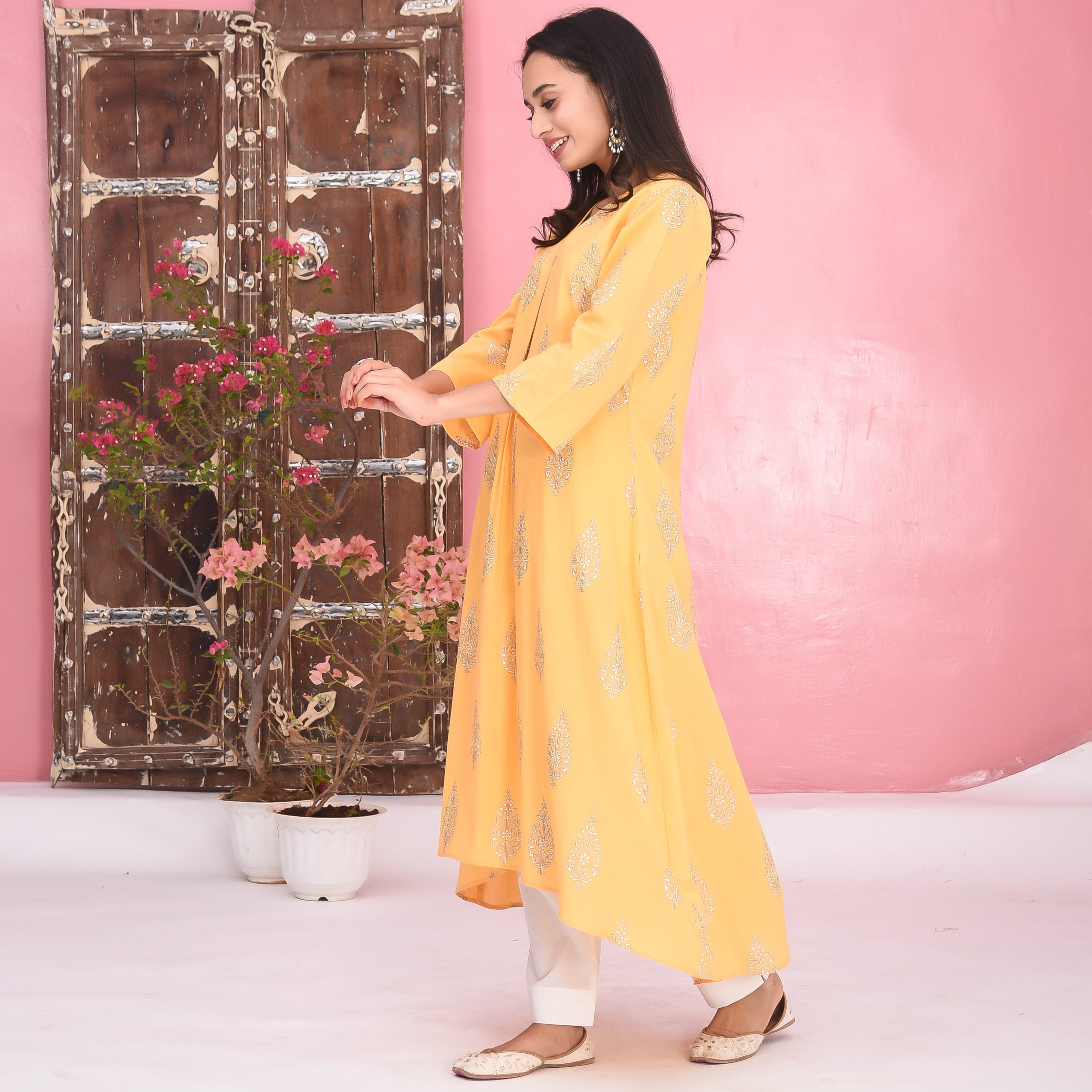 Yellow White Cotton Kurta Set